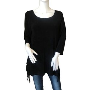 TRAVELERS BY CHICO’S Medium Black Tunic Blouse Fringe Sides‎ Wrinkle Resistant